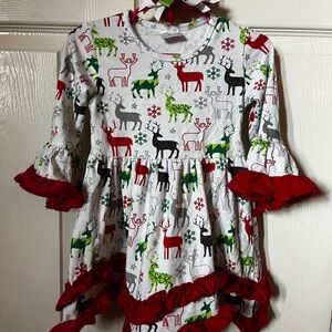 Festive Reindeer Print Dress with Ruffle Trim